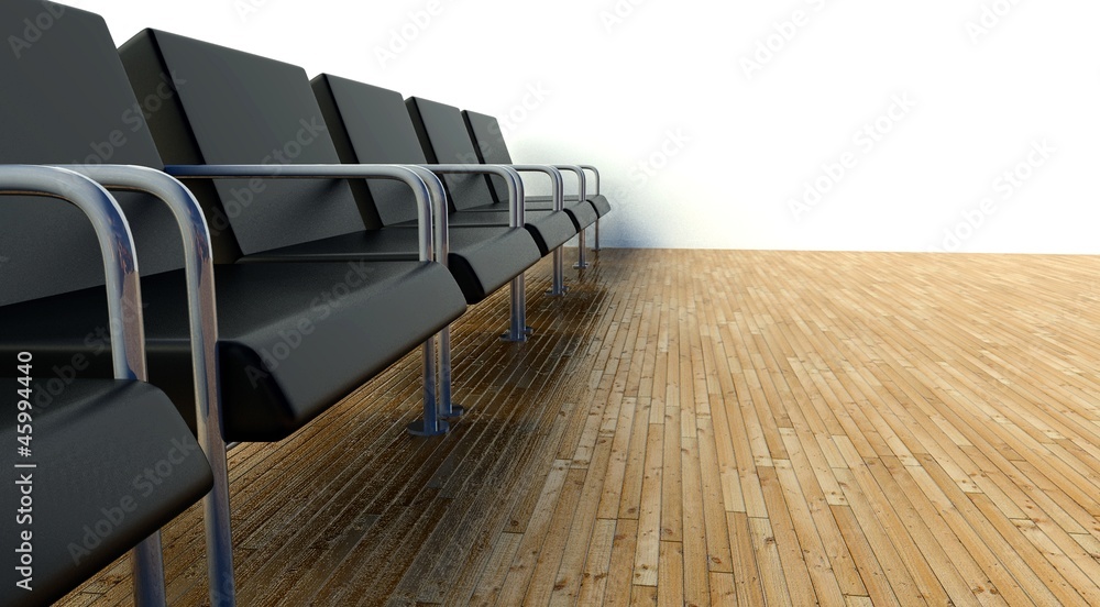 Office interior with armchairs in waiting room on white wall