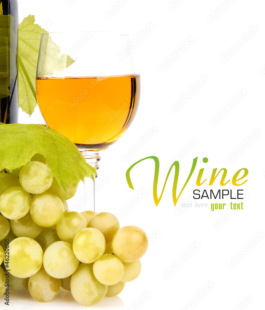 Wine bottle, glass and grapes