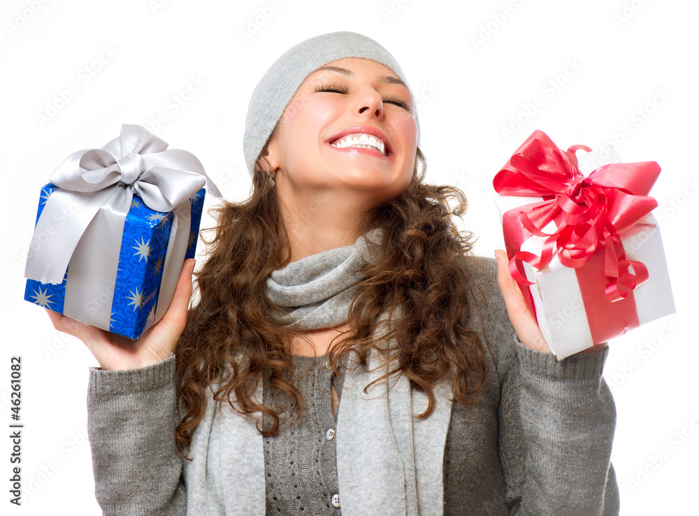 Happy Young Woman With Christmas Gifts. Gift Box