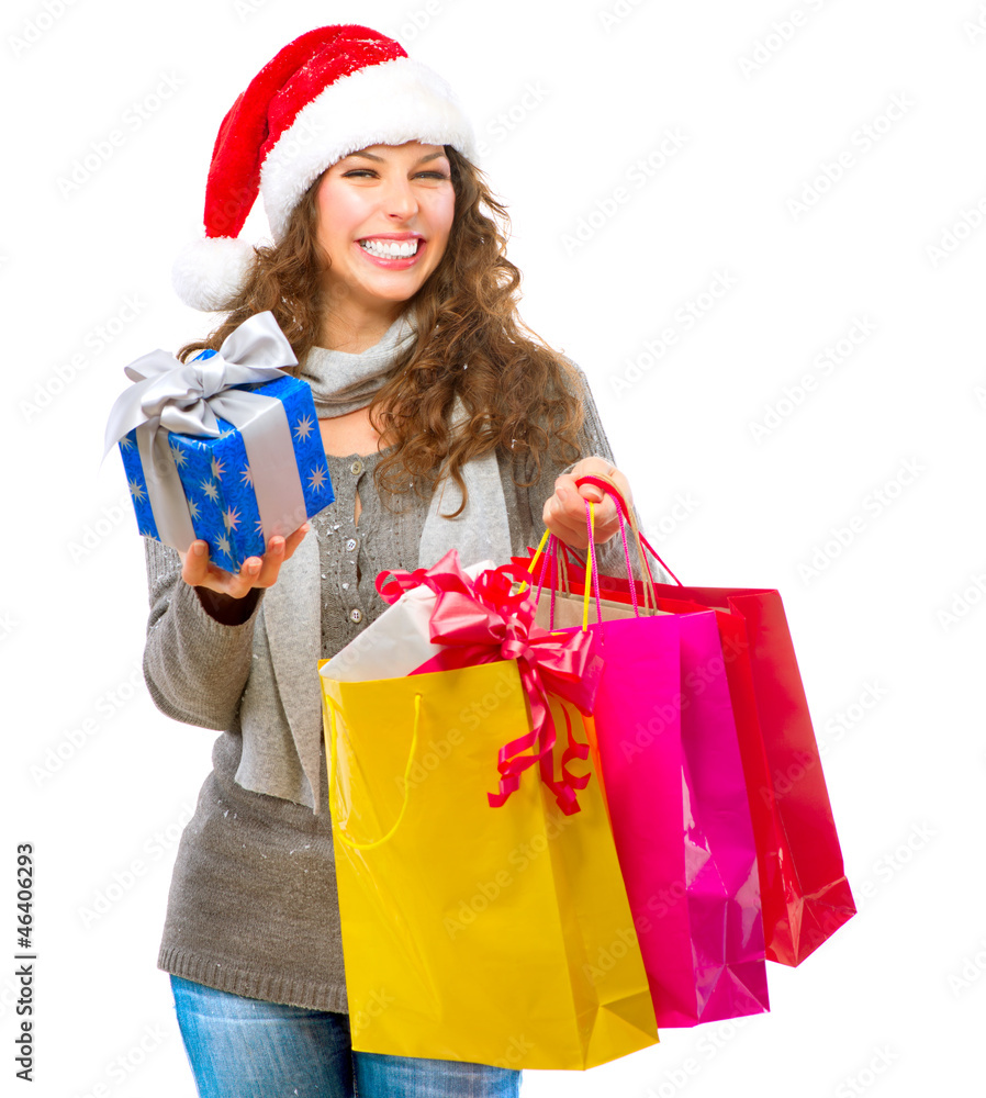 Christmas Shopping. Woman with Bags over White. Sales