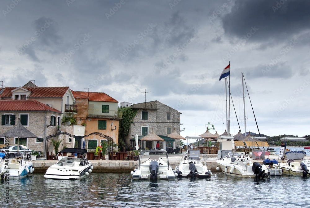 Old harbor or marina and stone houses, Croatia Dalmatia