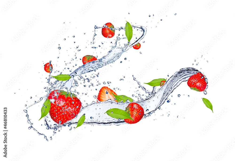 Fresh strawberries in water splash, isolated on white background