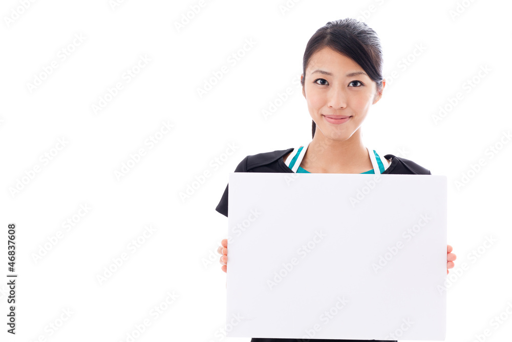 beautiful asian woman with blank whiteboard