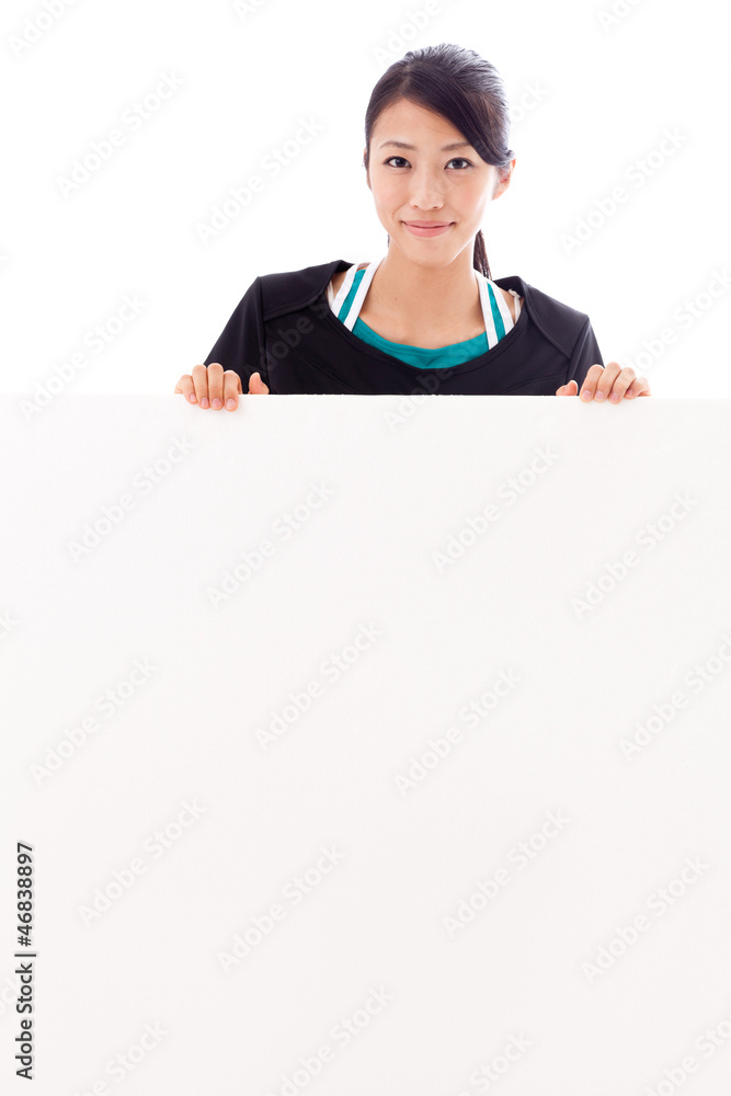 beautiful asian woman with blank whiteboard