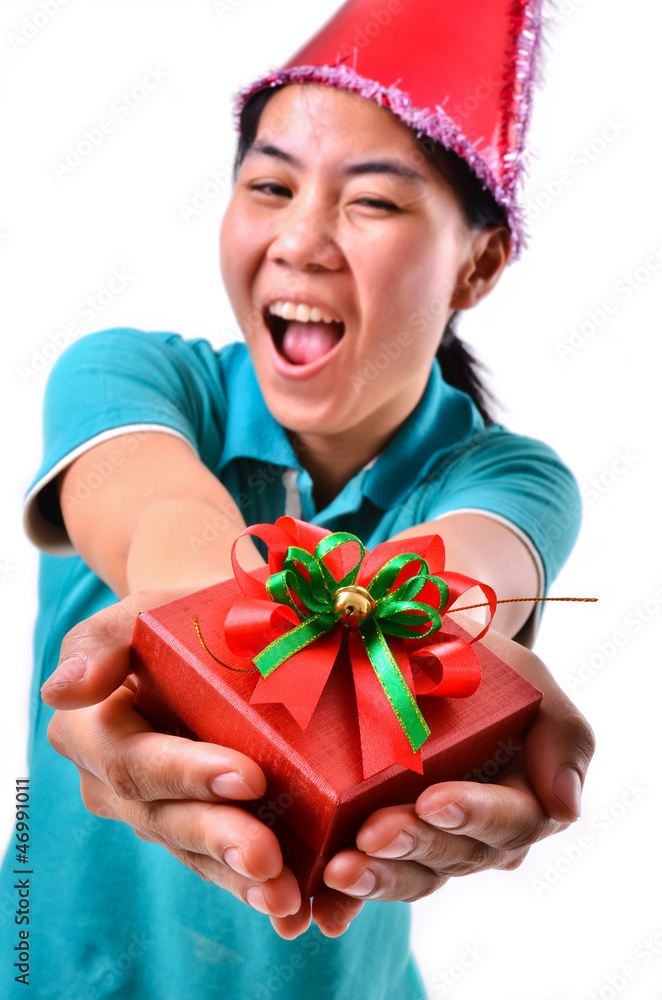 woman smile and hold gift box in hands