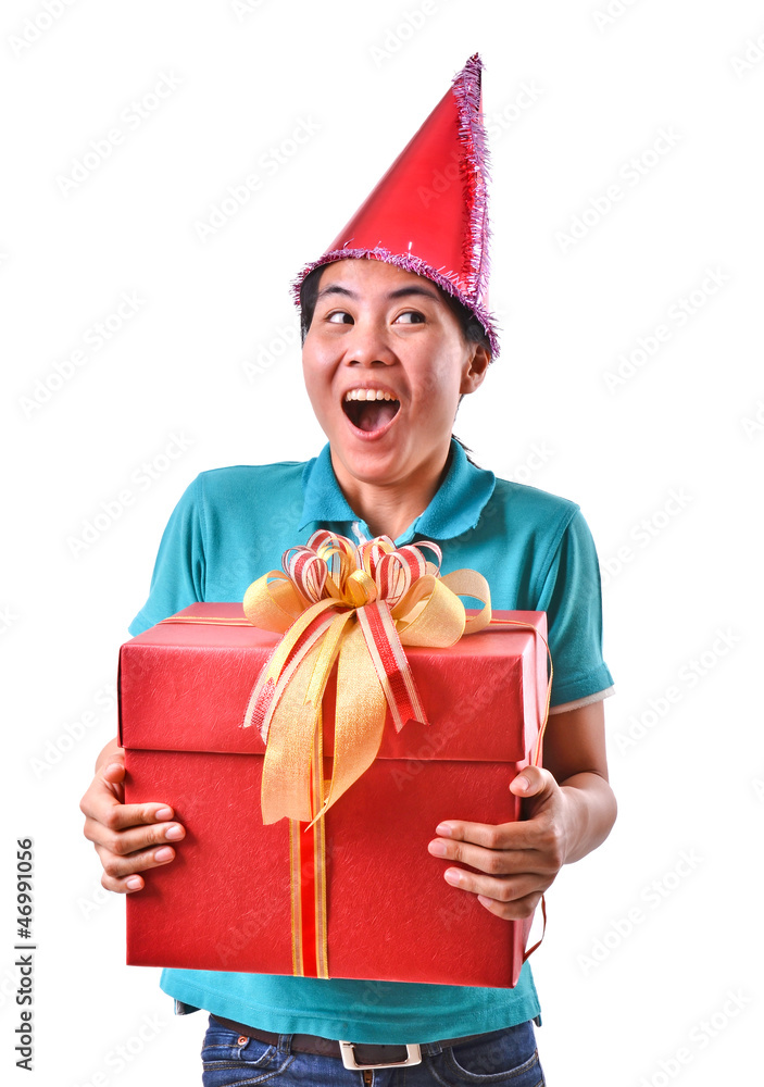 woman smile and hold gift box in hands