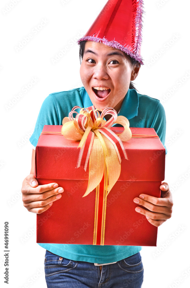 woman smile and hold gift box in hands