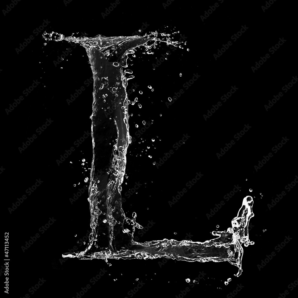 Water splashes letter isolated on black background