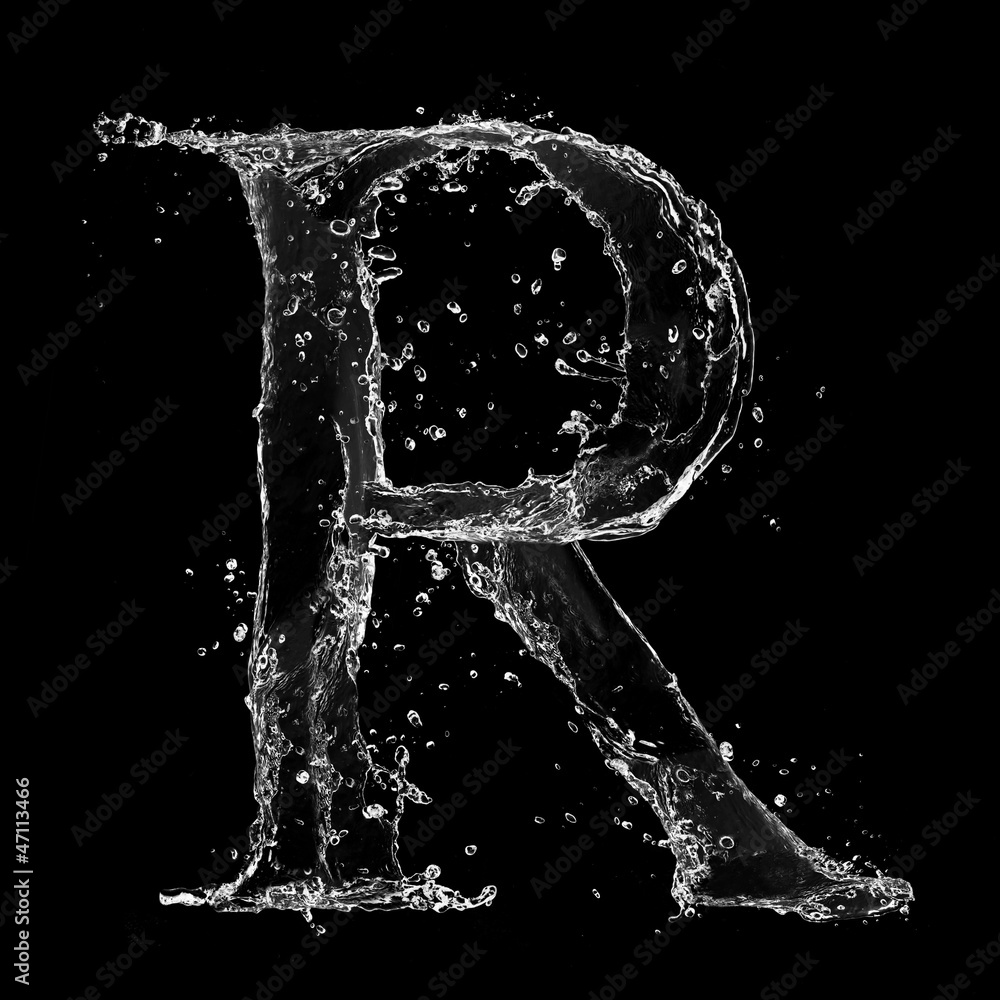 Water splashes letter isolated on black background