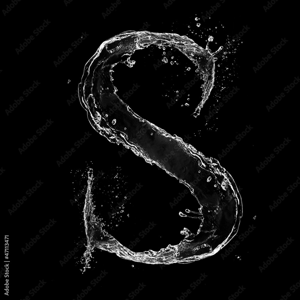 Water splashes letter isolated on black background