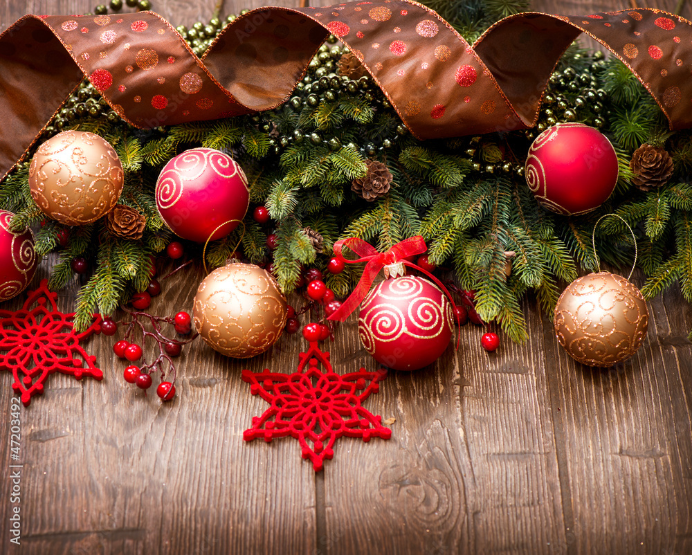 Christmas Over Wooden Background. Decorations over Wood