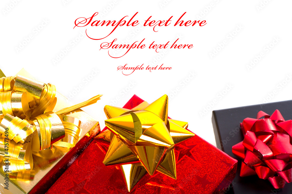 Christmas gift boxes with sample text over white background