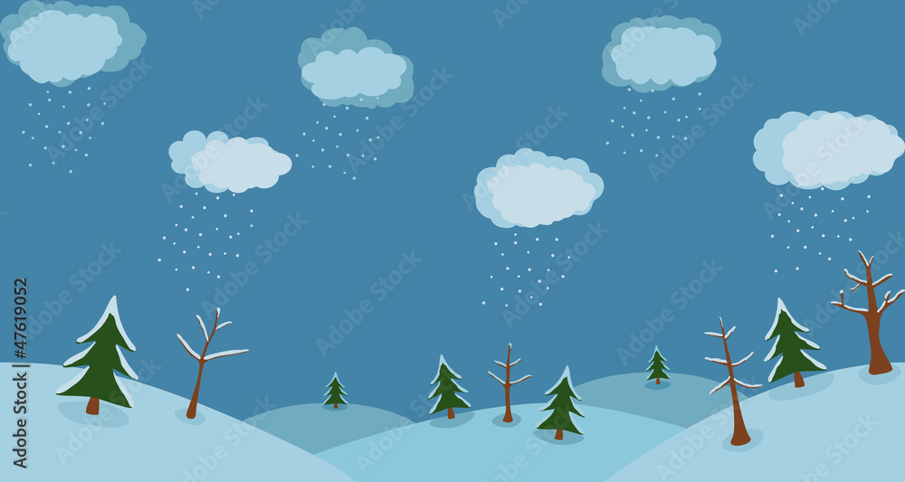 Winter background with clouds and snow trees