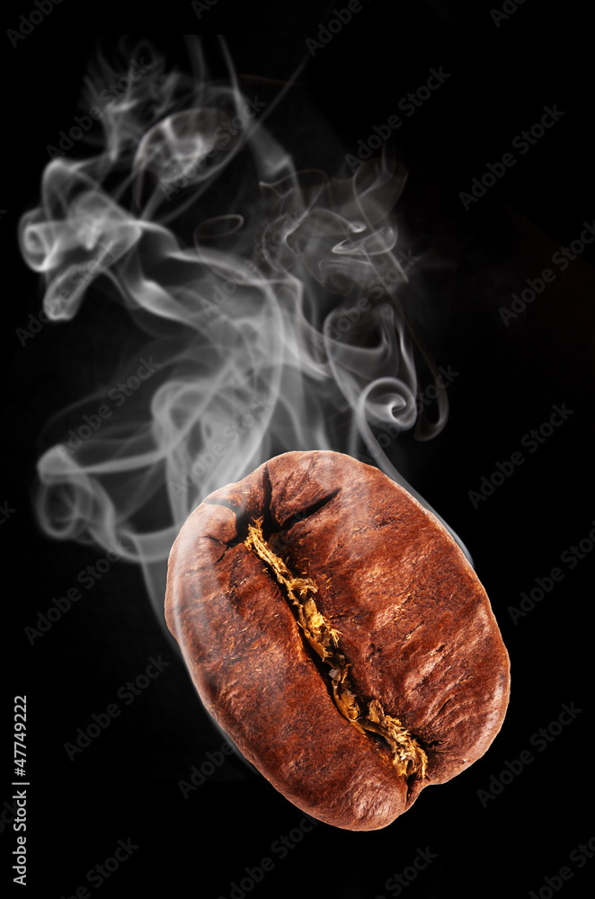 Flying coffee bean in smoke, isolated on black background