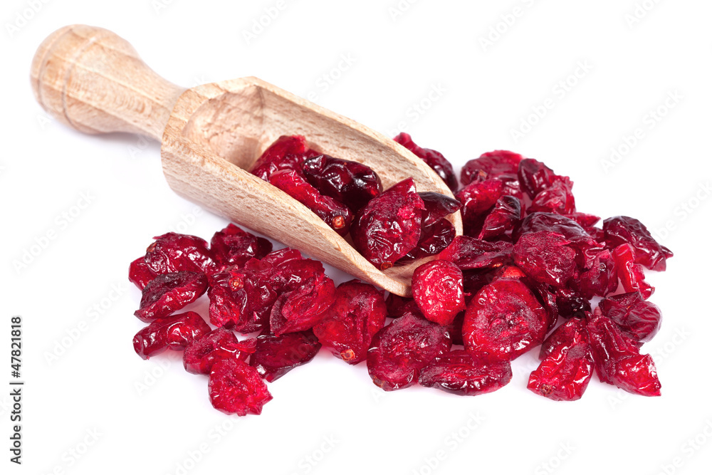 Close up of dried cranberry on white background