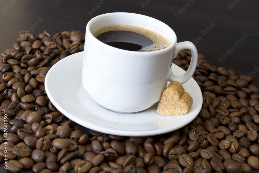 coffee beans, cup, Pots, cinnamon on dark background