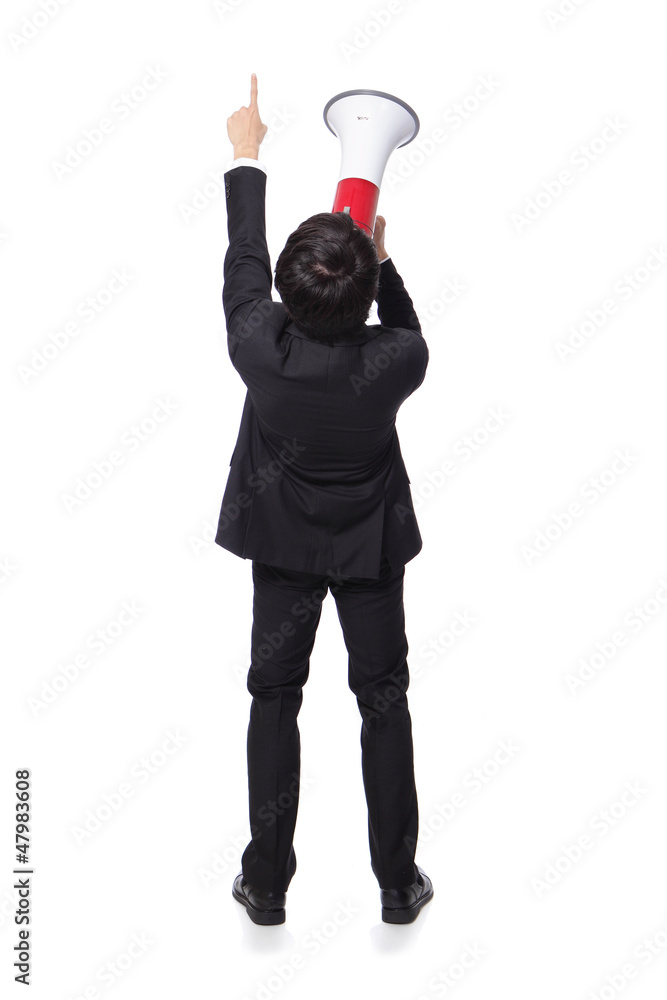 back view of man shouting megaphone