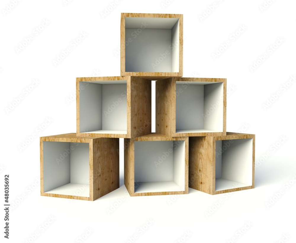 Open wooden boxes on stack, isolated on white