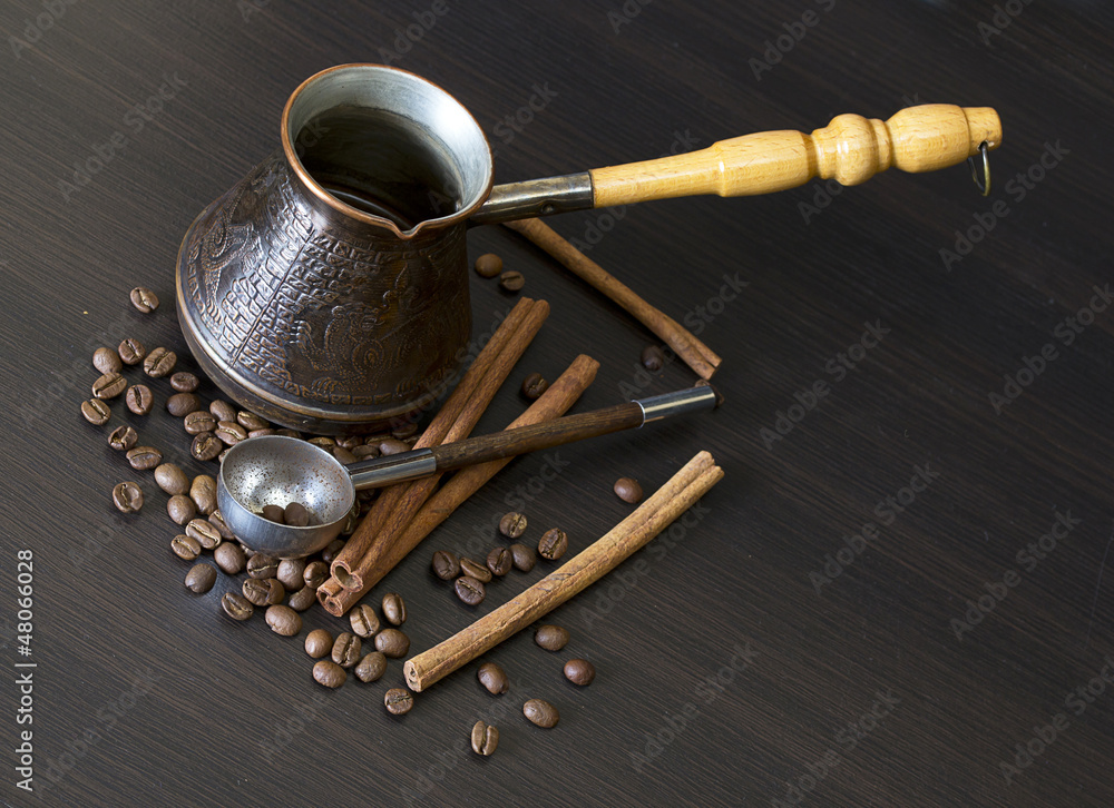 coffee beans, cup, Pots, cinnamon on dark background