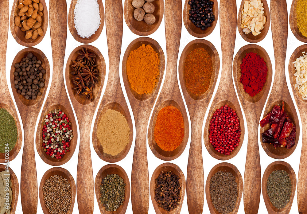 Concept with spices on wooden spoons on white background