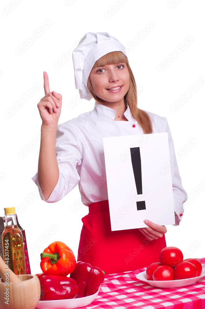 female chef holding a exclamation mark