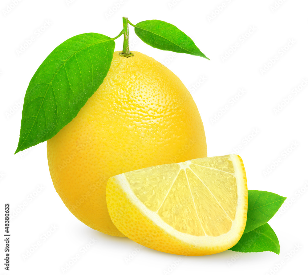 Isolated lemon. Whole lemon fruit with leaves and a wedge isolated on white background