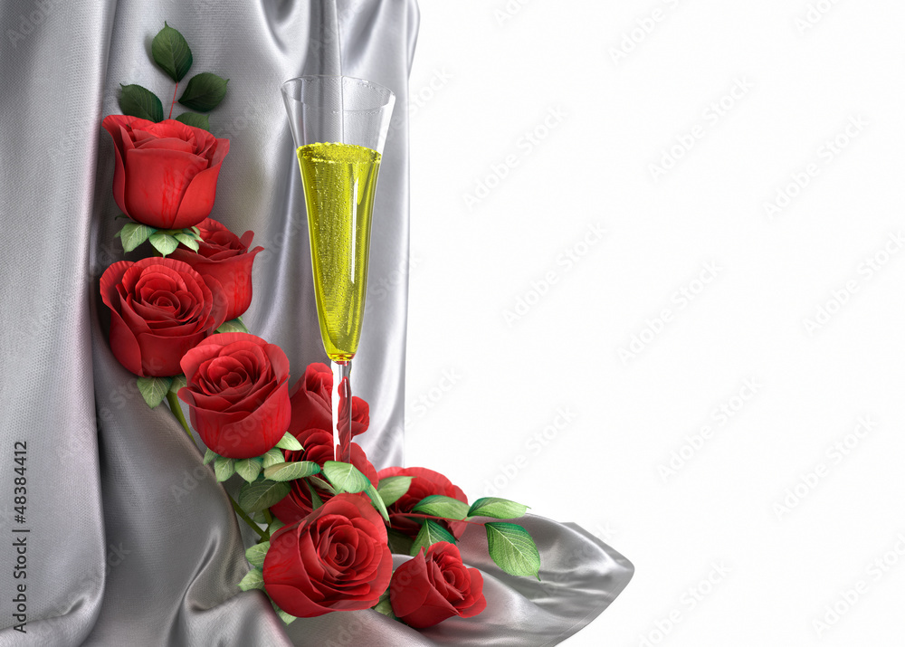 isolate holiday background with roses, glass and fabric