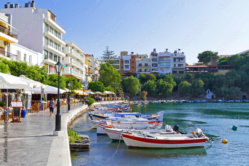 Boats in Agios Nikolaos city on Crete, Greece