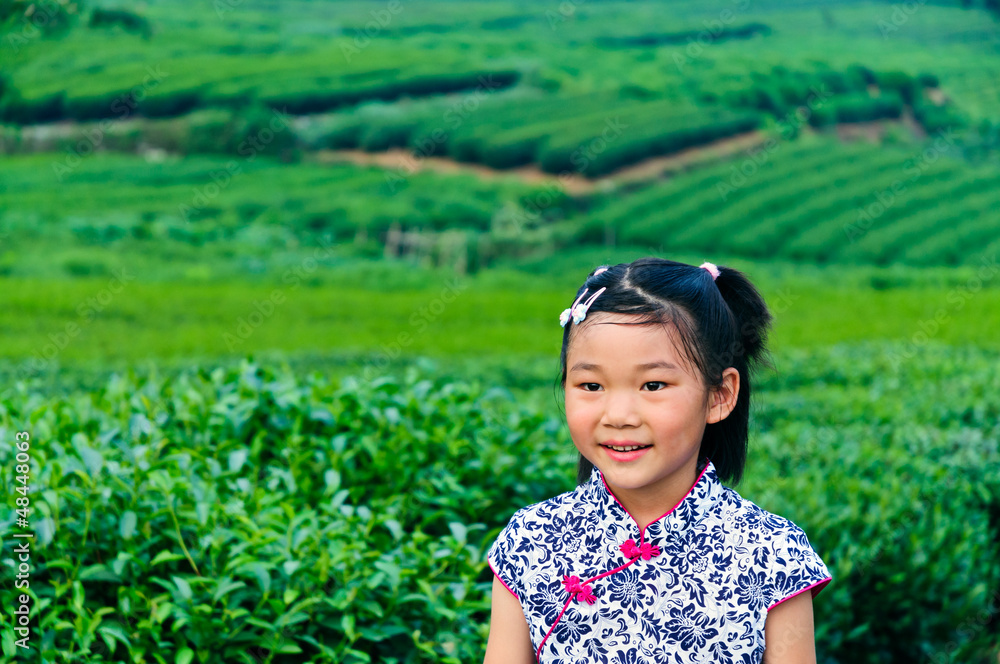 在茶园里穿着中国传统服饰的女孩