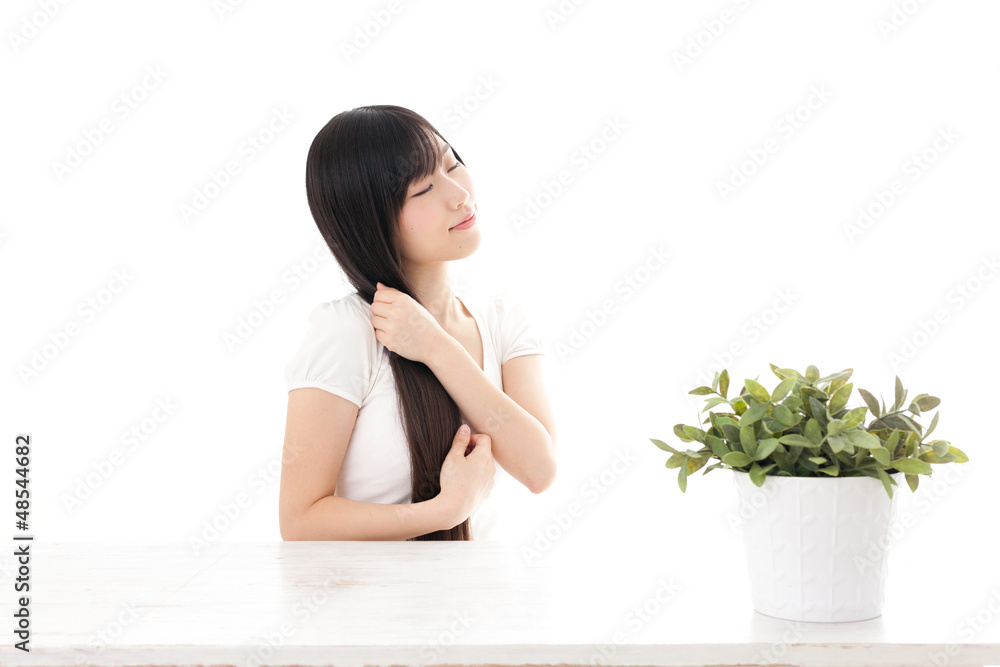 attractive asian woman on white background