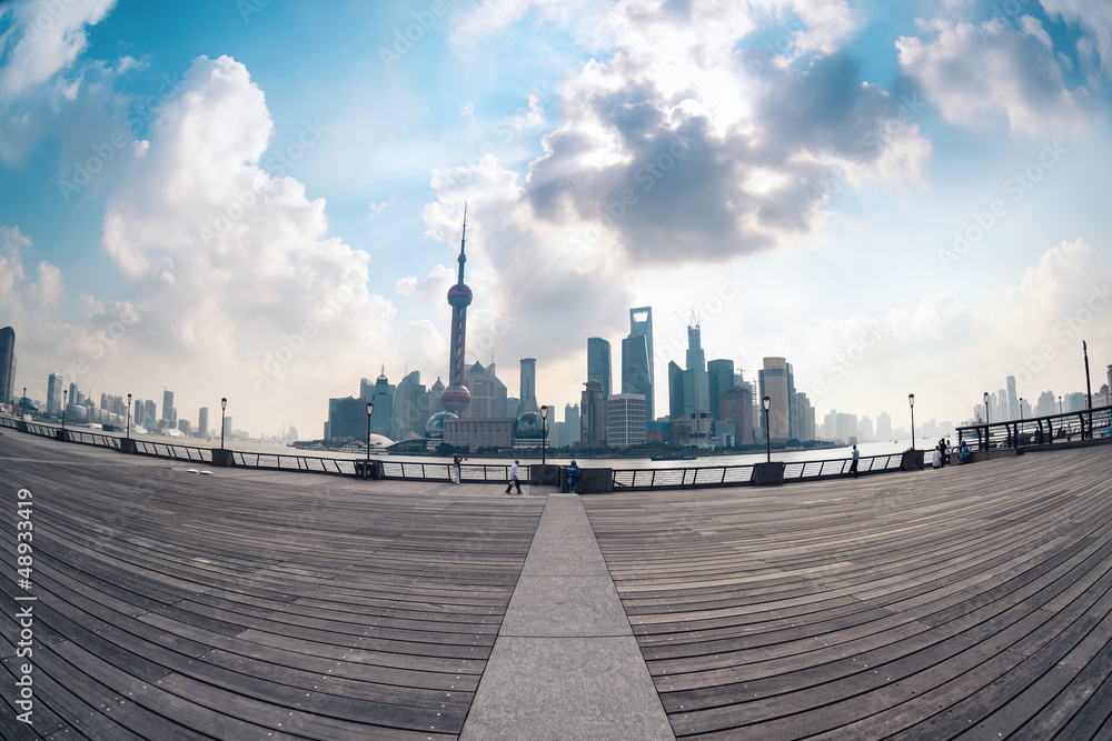 fish-eye perspective of shanghai skyline