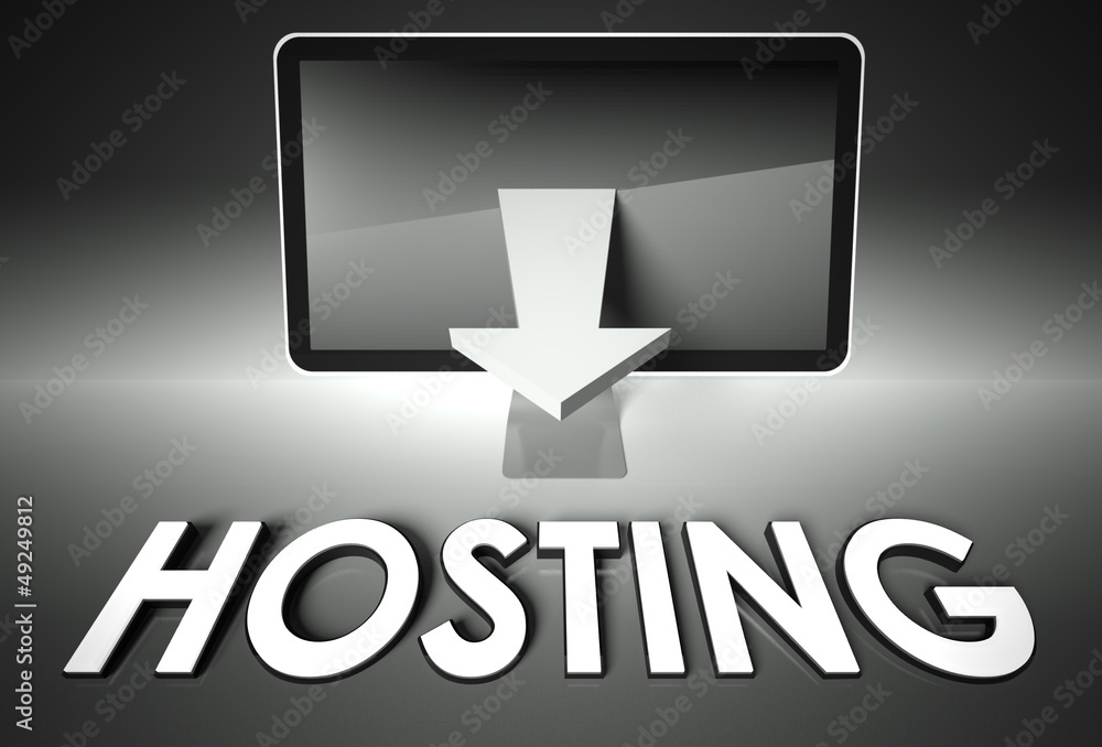 屏幕和图表箭头，带单词Hosting，Network