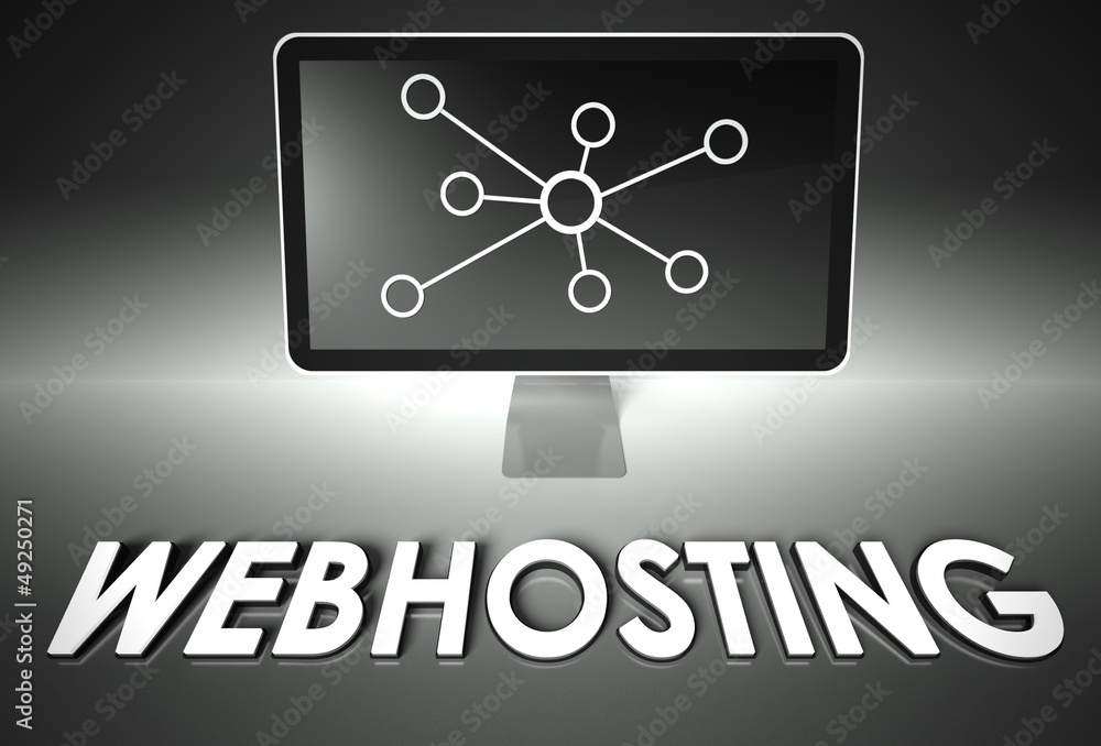 Screen and internet sign with Webhosting, Network