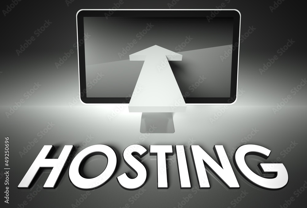 屏幕和图表箭头，带单词Hosting，Network