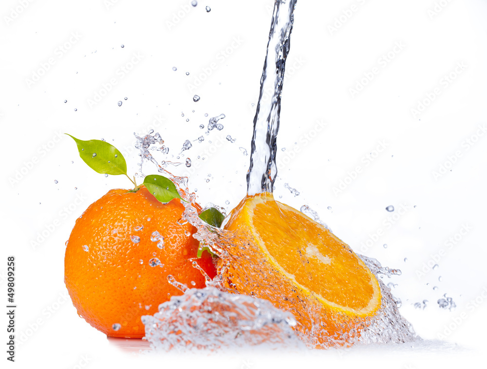 Fresh oranges with water splash, isolated on white background