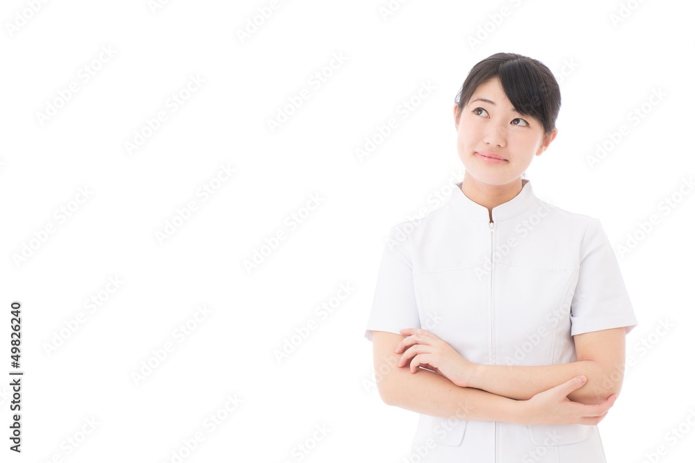 a young asian nurse thinking on white background