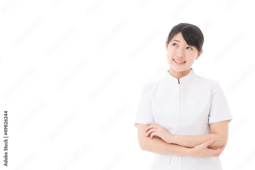 a young asian nurse thinking on white background