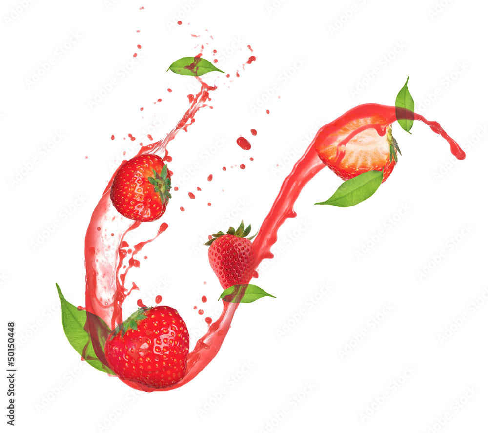 Strawberries in splash, isolated on white background