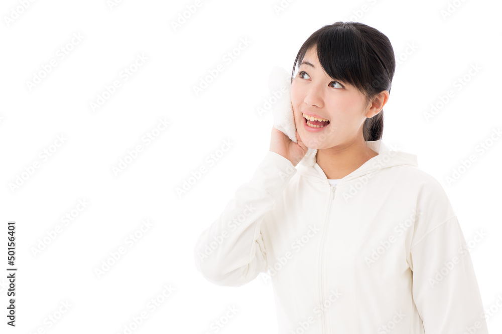 sporty asian woman on white background