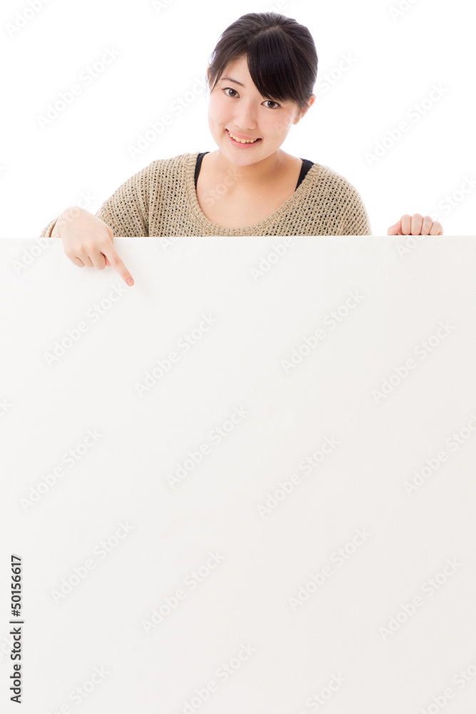 a young asian woman with blank whiteboard