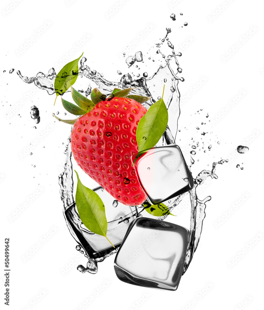 Strawberries with ice cubes, isolated on white background