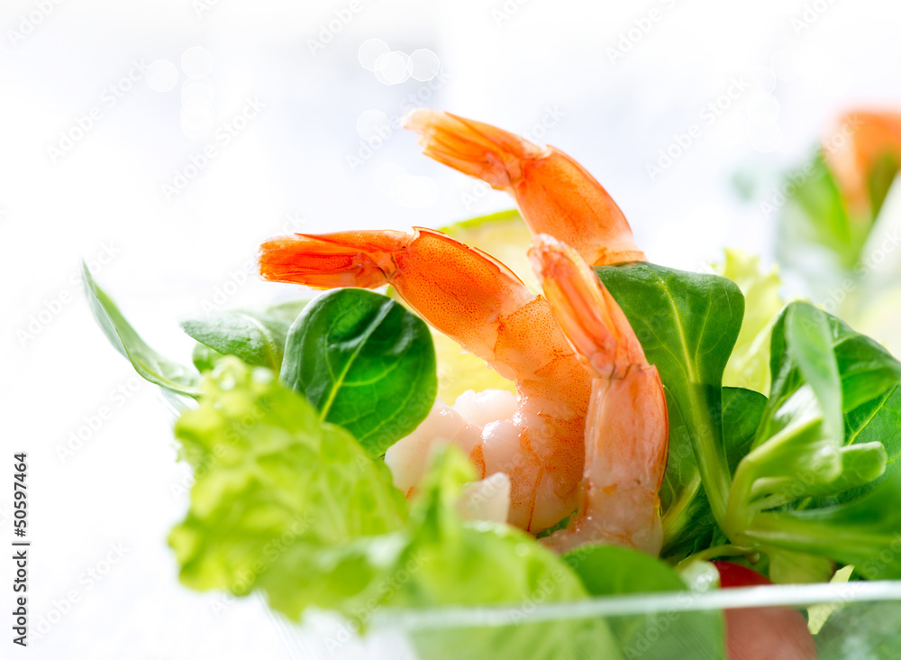 Prawn salad. Healthy Shrimp Salad with mixed greens and tomatoes