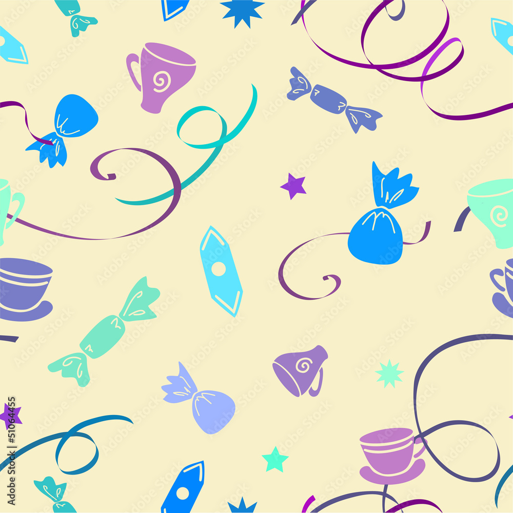 Background with ribbons, cups and sweets