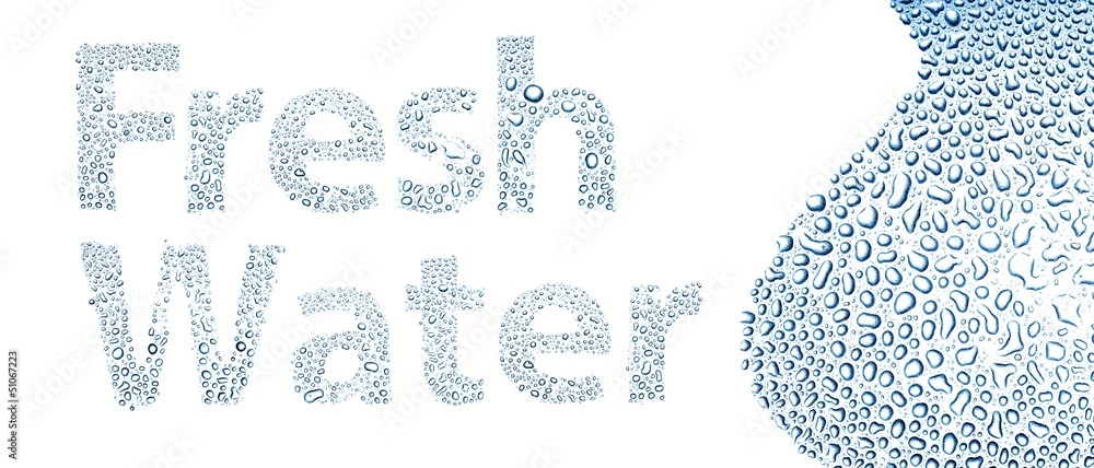 Fresh water made of drops, background on white