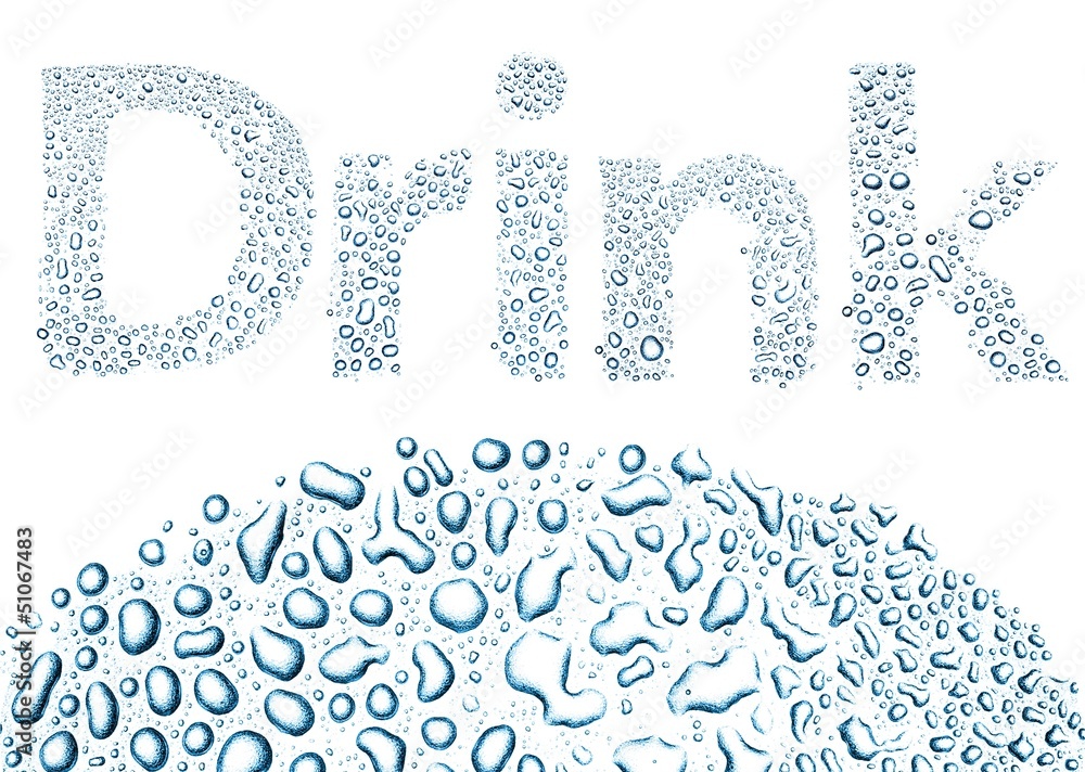 Drink made of water drops, background on white