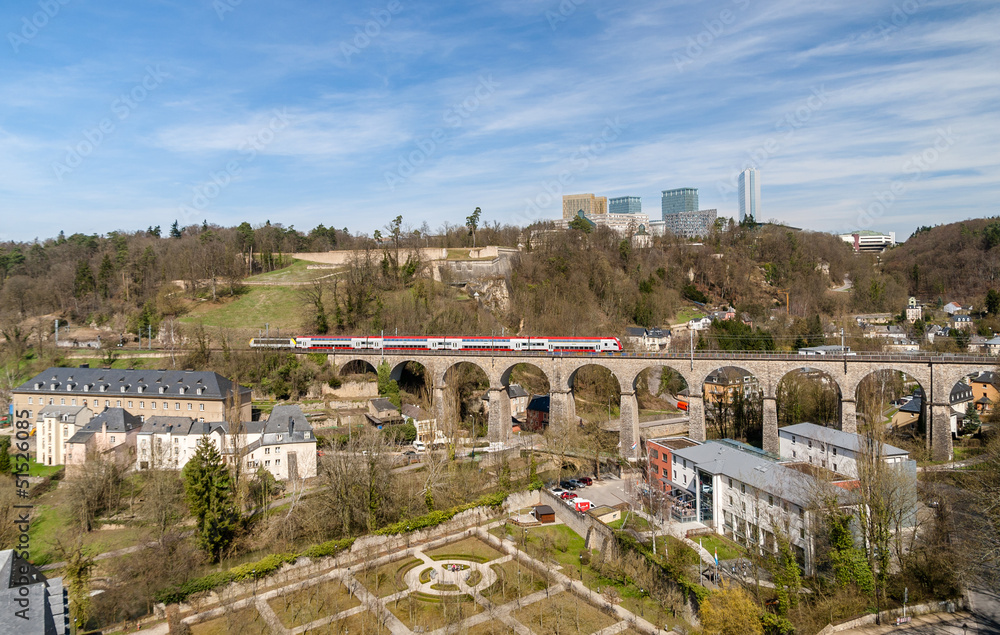 Train on viaduct in Luxembourg