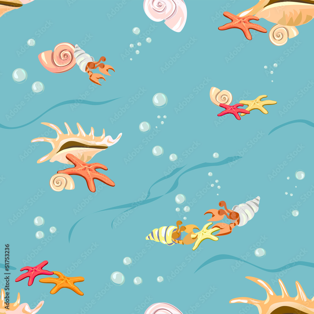 Marine background with seashells and starfish