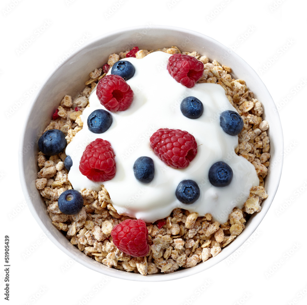 bowl of muesli and yogurt with fresh berries