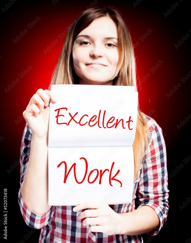 Excellent work, exam and happy woman