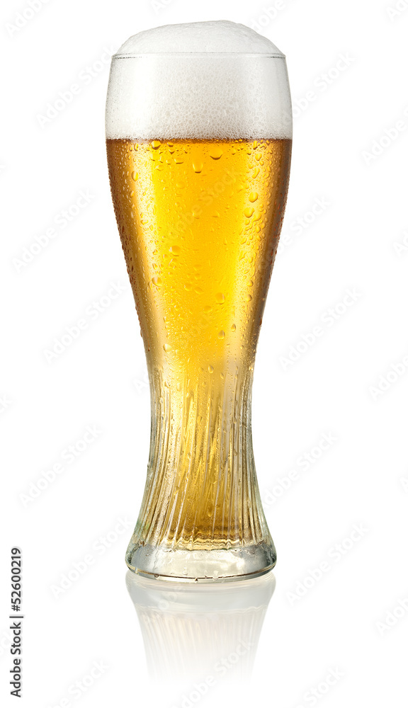 Glass of light beer with drops isolated on white background. Cli